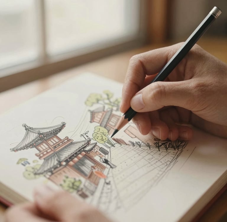 A close-up shot of hands gently holding a finely sharpened colored pencil over a detailed hand-drawn illustration of a Kyoto street, warm morning light, shallow depth of field.