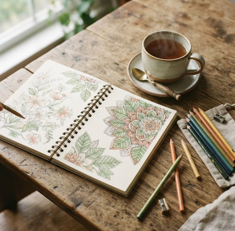 Overhead flat-lay of an open coloring journal on a rustic wooden table next to a steaming ceramic cup of tea, soft morning window light, warm muted tones, 35mm.