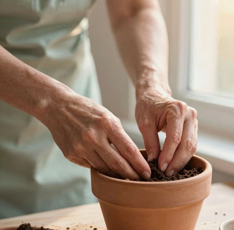 Close-up of a mature woman's hands gently potting soil into a clay vessel, warm golden-hour window light, soft focus, dusty pink and sage green tones