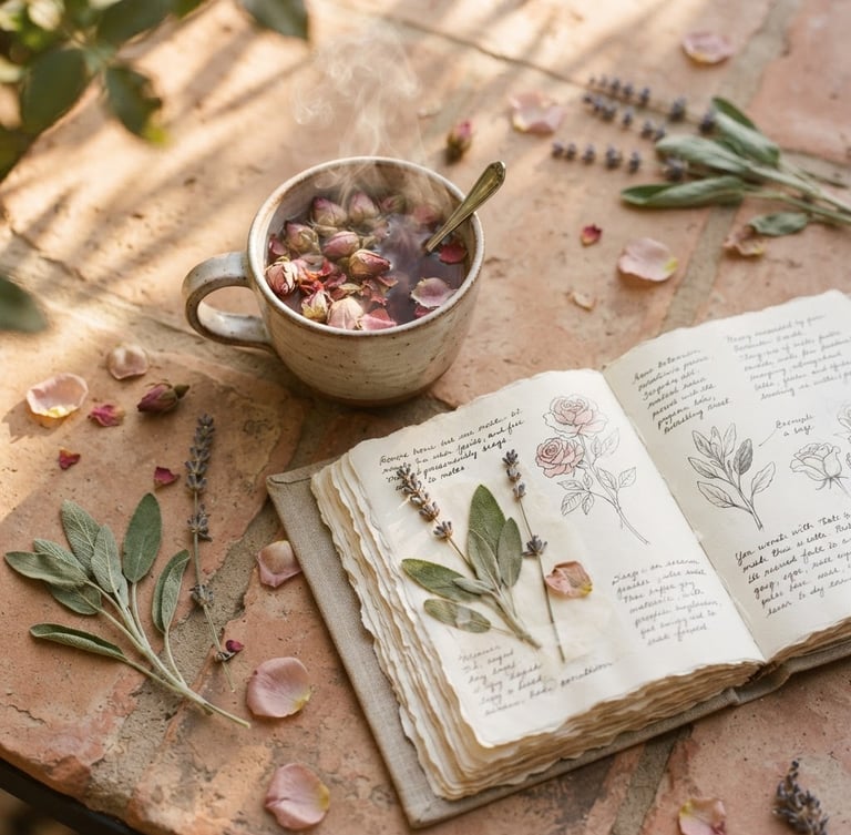 Overhead flatlay of a steaming mug of rose tea, an open linen journal with handwritten notes, and pressed sage leaves on a sun-dappled clay table, warm editorial photography, 35mm