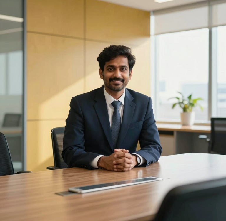 Editorial corporate photography of a modern Indian corporate office boardroom, bright natural daylight, deep navy and gold accents, professional, 35mm