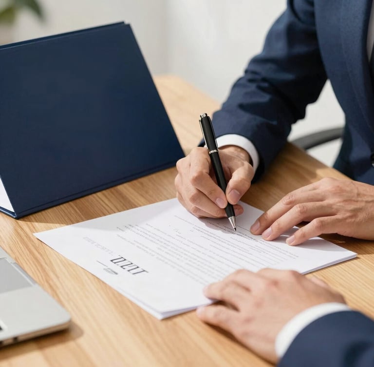A close-up of hands signing a property deed on a clean wooden desk, warm daylight, navy blue folder nearby, professional corporate atmosphere