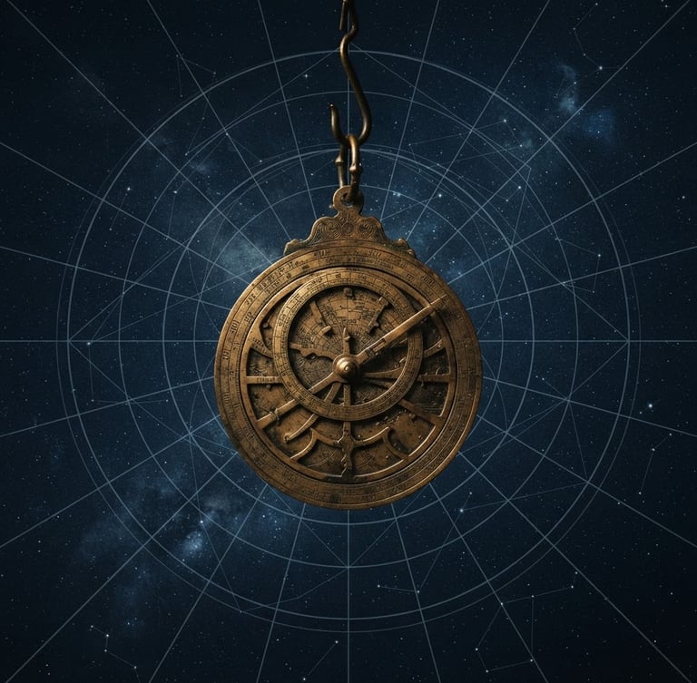 Fine-art astronomical photography, deep slate blue background, sharp geometric line overlay, antique brass astrolabe, moody low-key lighting, 35mm film