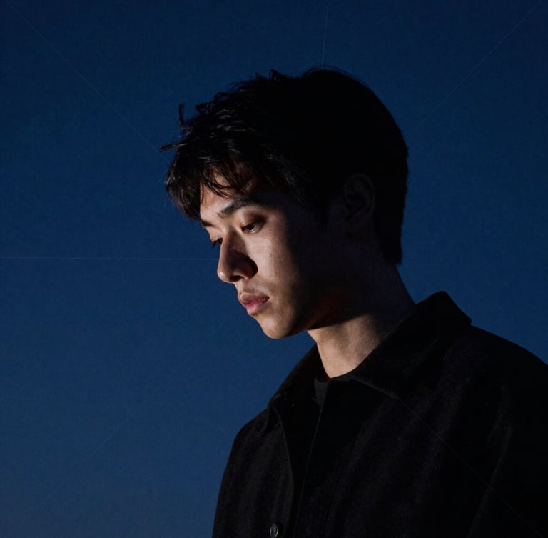 A thoughtful, introspective portrait of a person looking downward in deep contemplation, high-contrast chiaroscuro lighting, soft starlight from the side, deep slate blue background, fine-art photography