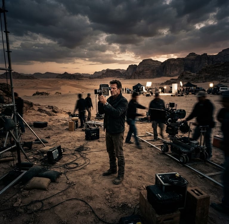 Extreme wide anamorphic film shot, low-key dramatic natural lighting, a director holding a vintage viewfinder on a dusty desert set, rich analog grain, 35mm format