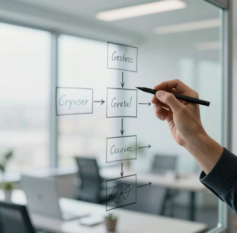 Close-up of a software architect sketching a clean system schema on a glass board, bright natural daylight, shallow depth of field, 35mm