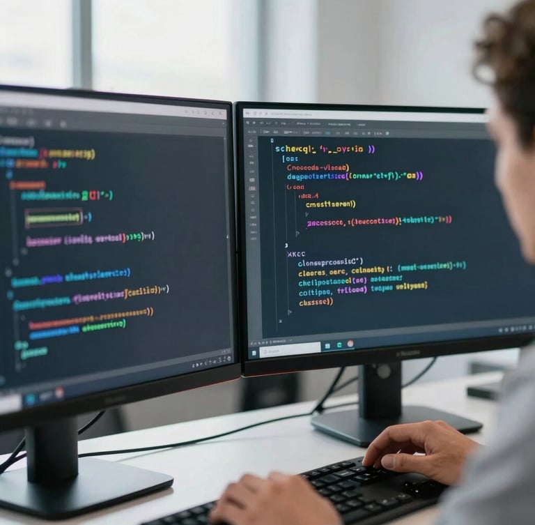 Sharp close-up of a developer analyzing clean code on dual monitors, bright natural office daylight, cool tones, shallow focus, 35mm