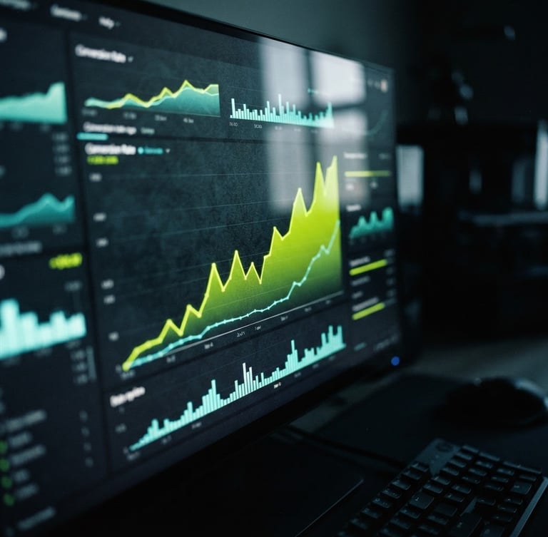 Macro shot of a clean digital dashboard displaying rising conversion graphs on a physical screen with glass reflections, dark ambient lighting with electric lime accents, 35mm
