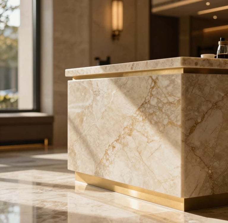 Tactile macro detail of polished travertine marble and golden champagne accents in a sunlit hotel lobby, warm editorial