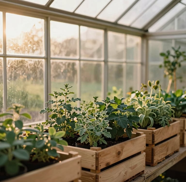 Sun-drenched regional estate farm greenhouse, warm golden-hour window light filtering through glass panels, fresh heirloom herbs in wooden crates, rich cream and espresso tones, shallow depth of field, 35mm.