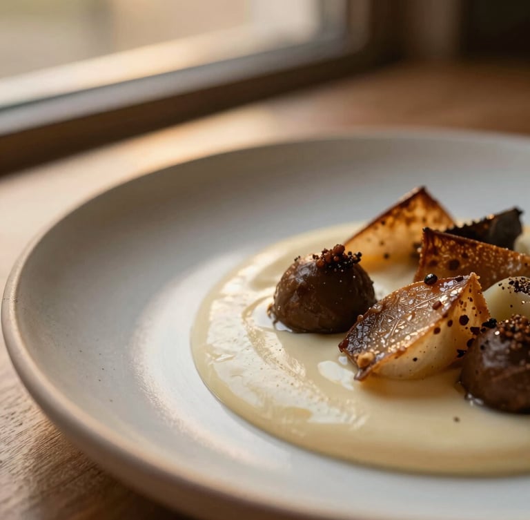 Close-up macro of an exquisitely plated seasonal dish, warm golden-hour window light catching the edge of a hand-thrown ceramic plate, rich cream and espresso tones, shallow depth of field, 35mm.