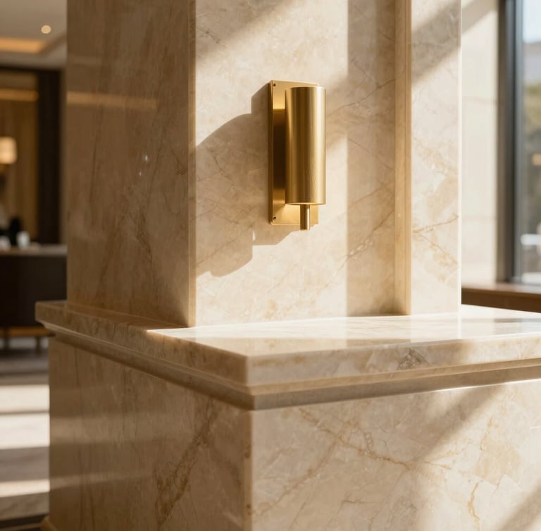 Tactile close-up of polished cream marble and brushed champagne gold fixtures in a sun-drenched hotel lobby, warm shadows, editorial style.