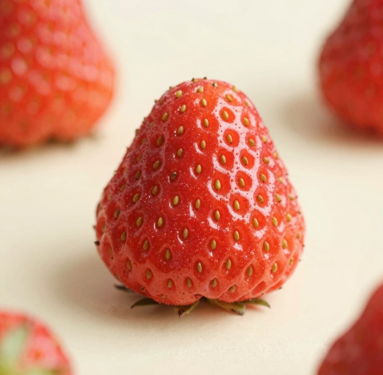 Macro close-up of a vibrant strawberry paleta showing rich texture and seeds, resting on a soft cream surface under bright natural daylight, shallow depth of field.