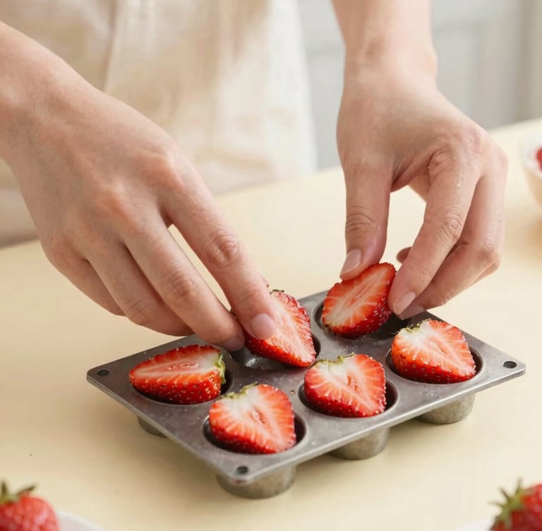 A master artisan's hands gently placing fresh strawberry slices into a traditional metal paleta mold, warm cream kitchen background, soft daylight, editorial food photography
