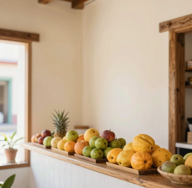 Bright editorial photography of a cozy paletería interior in Coyoacán, warm cream walls, rustic wooden details, soft daylight, fresh fruits on display