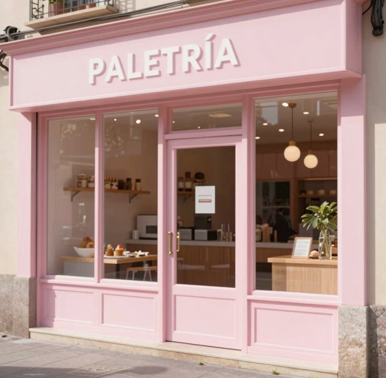 Bright editorial photography of a modern paletería storefront in Roma Norte, soft pastel pink accents, large clean windows, natural daylight, warm and inviting