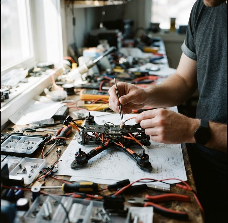 Crisp editorial photography of hands assembling a hardware drone prototype on a workshop table cluttered with blueprints, bright window light casting sharp shadows, orange wires, 35mm
