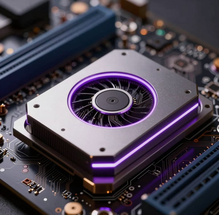 Macro shot of a high-end GPU circuit board, electric violet ambient rim lighting, shallow depth of field