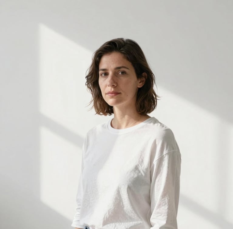 Sober medium-format portrait of artist Beatriz Marí in her bright white studio, soft natural side-lighting, crisp textures, minimalist gallery aesthetic