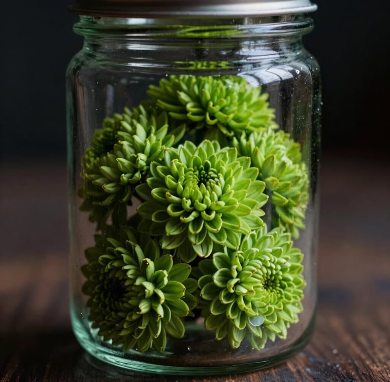 A close-up macro photograph of a clean glass jar containing perfectly manicured green flower, soft low-key evening lighting, dark background