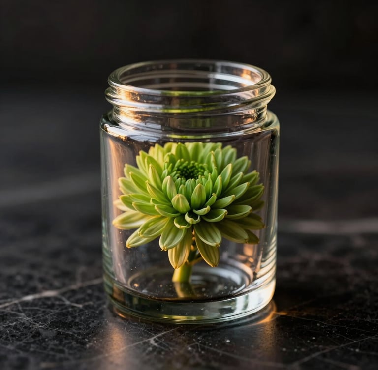 Macro close-up of a minimalist clear glass jar containing manicured green flower, soft evening ambient light, warm golden hour shadows, luxury dark marble background