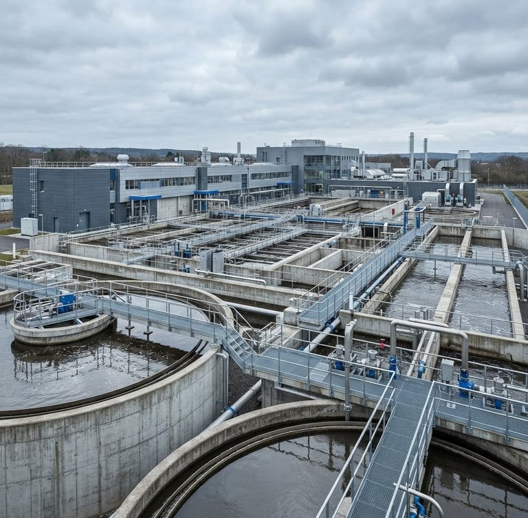 Wide-angle crisp architectural photography of a large-scale water treatment facility under overcast daylight, clean lines, technical blue and slate gray tones, high detail