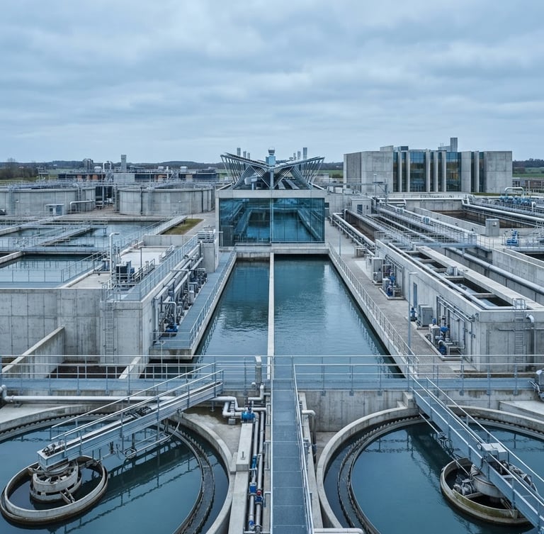 Wide-angle architectural photograph of a modern water treatment facility under overcast daylight, clean concrete structures, blue sky reflections, high technical detail.