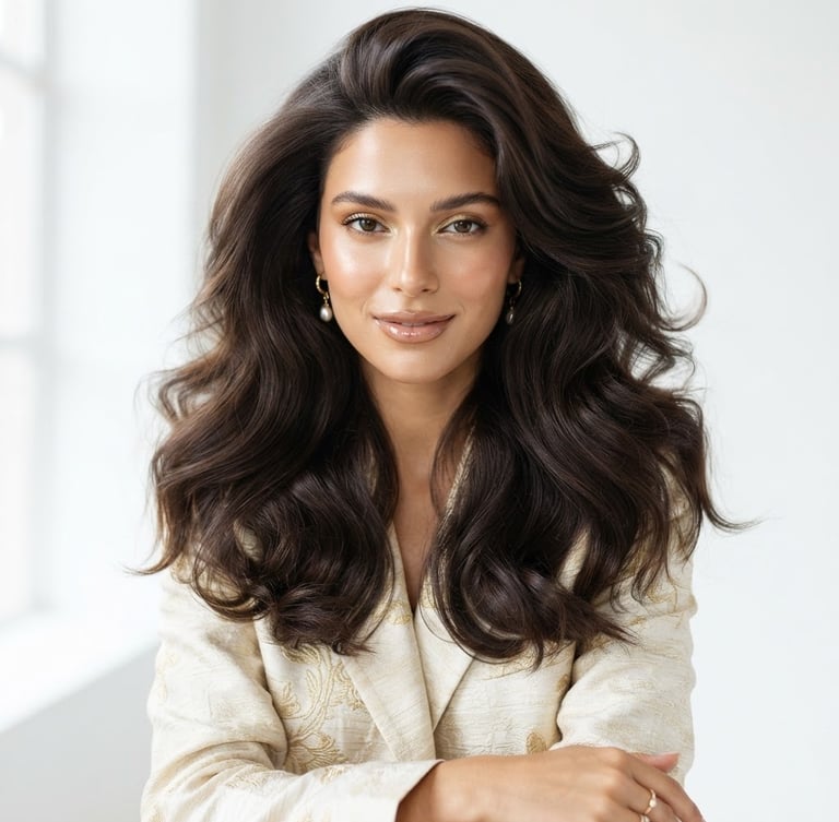 High-fashion portrait of a woman with high-gloss, voluminous blowout hair, bright natural daylight, clean white studio background, shallow depth of field, 85mm lens.
