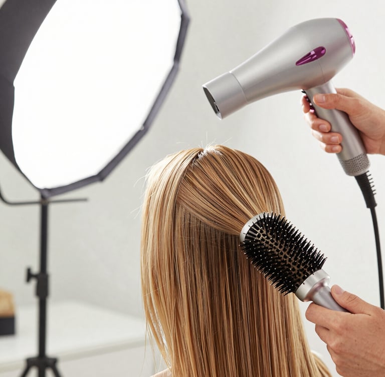 Close-up of a professional stylist's hands using a round brush and blow dryer on sleek hair, soft-box studio lighting, clean modern salon background.