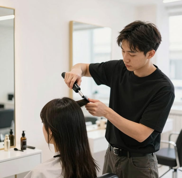 A professional stylist mid-motion using styling tools on a client's hair, bright high-key natural light, clean modern salon interior, shallow depth of field