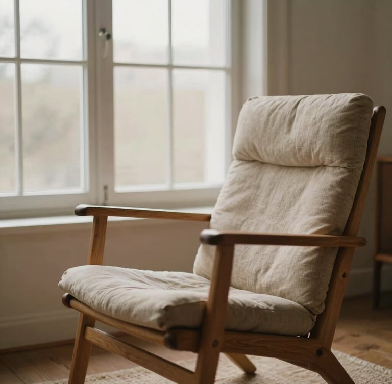 An empty comfortable wooden therapy chair beside a large window with soft, indirect north-facing light, warm linen textures, muted earthy tones, 35mm photography