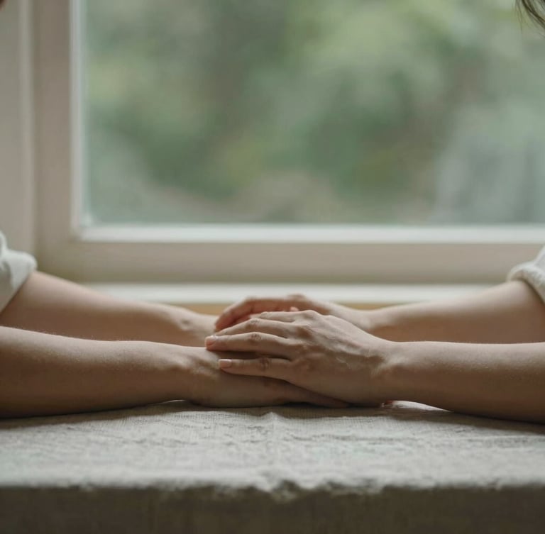 Close-up of two hands resting calmly on a textured linen tablecloth, soft natural north-facing window light, muted forest green background, shallow depth of field