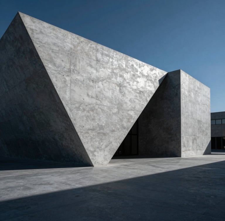 Wide environmental shot of a monolithic modern concrete structure with sharp geometric angles, low-key cool silver and deep blue lighting, empty of people, casting long architectural shadows.