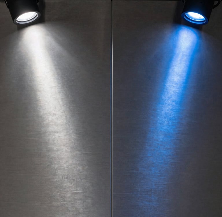 Extreme close-up of premium brushed titanium paneling with razor-thin vertical joints under cold silver and cobalt blue spotlights.