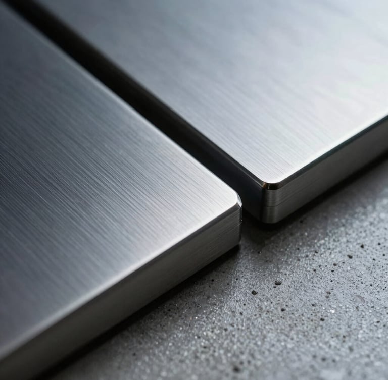 Extreme macro close-up of premium physical materials like brushed steel and polished concrete under cool dramatic lighting.