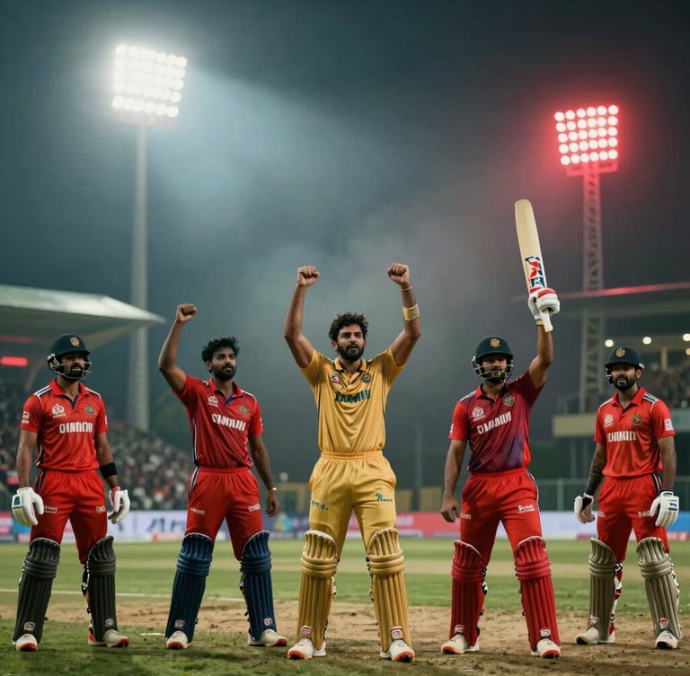 Cinematic Indian cricket players in dramatic celebration poses, stadium floodlights cutting through night mist, red neon glows, 35mm