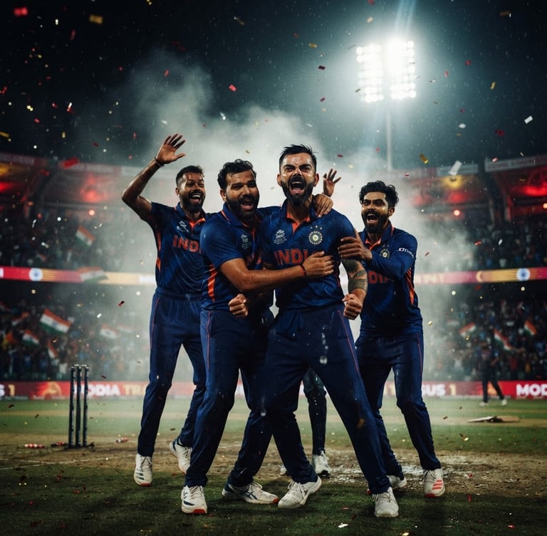 Low-angle dynamic shot of Indian cricket players in intense celebration under dramatic stadium floodlights cutting through mist, high contrast, red and gold neon glows, 35mm.