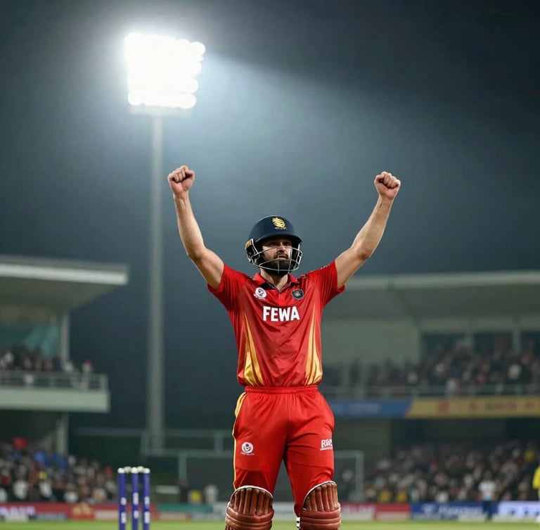 Dramatic backlighting on a professional cricket captain celebrating, stadium floodlights cutting through night mist, crimson accents, shallow depth of field