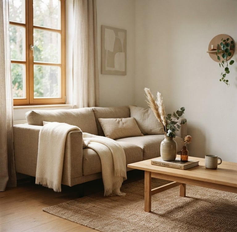 Sunlit corner of a minimalist Scandinavian living room, warm beige and cream tones, textured linen sofa, a few carefully placed decor objects, soft morning window light, shallow depth of field, 35mm