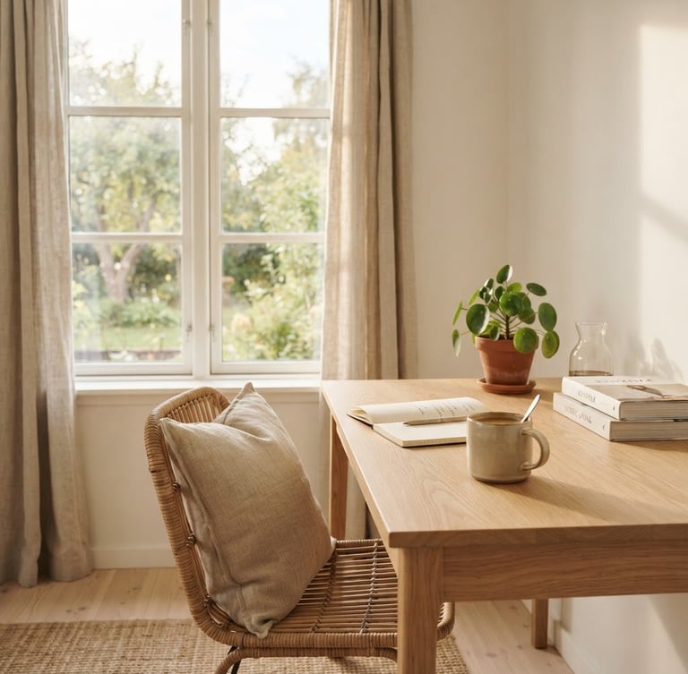 Sunlit corner of a minimalist Scandinavian home office, a styled wooden desk with a ceramic mug and a green plant, soft diffused morning light, textured linen curtains, wide view through a window, warm editorial photography, shallow depth of field, 35mm