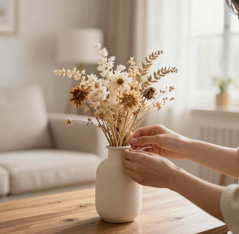 Medium-close detail shot of hands arranging a dried flower bouquet in a cream ceramic vase on a natural wood table, soft diffused morning light, blurred background of a cozy living room, warm editorial photography, shallow depth of field, 35mm