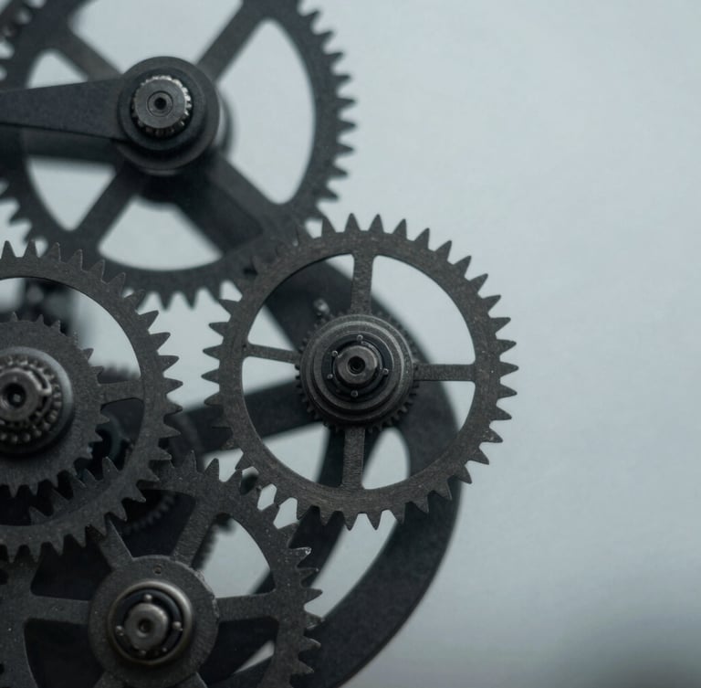 Extreme close-up of high-end mechanical clockwork and technical gears, cool overcast daylight, deep charcoal tones, sharp focus, 35mm
