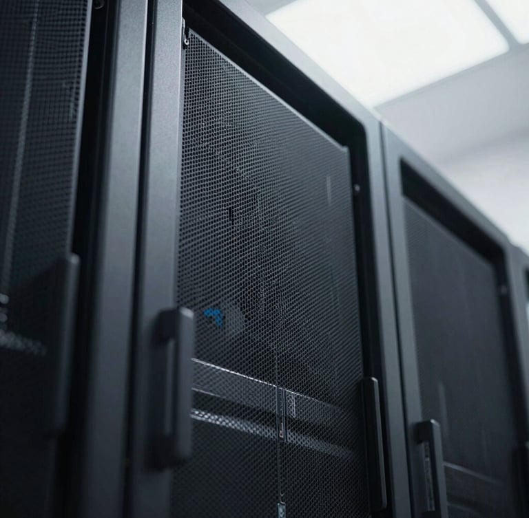 Extreme close-up of a high-end server rack with sharp geometric lines, cool overcast daylight, deep charcoal tones, minimalist architectural style, 35mm
