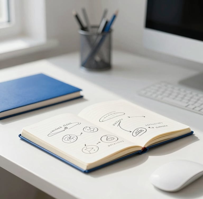 A bright minimalist workspace flooded with natural morning daylight, a clean white desk with a notebook showing a handwritten strategy sketch, shallow depth of field, 50mm lens