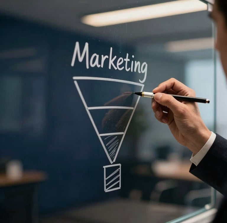 A close-up detail shot of hands sketching a structured marketing funnel on a glass whiteboard, sharp focus, executive boardroom lighting, deep navy tones.