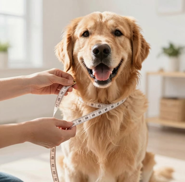 Eye-level photo of a designer's hands carefully measuring a happy golden retriever with a soft tape measure in a bright Ottawa studio, warm natural daylight