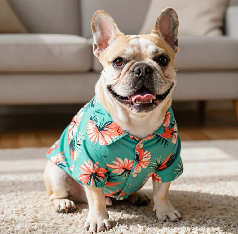 A happy French Bulldog wearing a bright custom-fit teal and coral Hawaiian shirt, sitting comfortably on a sunny living room rug, eye-level shot, warm natural daylight.