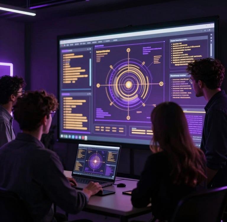 Low-key studio photography of a collaborative creative tech session, professional team analyzing glowing purple and gold data visualizations on a large screen, moody atmosphere, cinematic depth of field