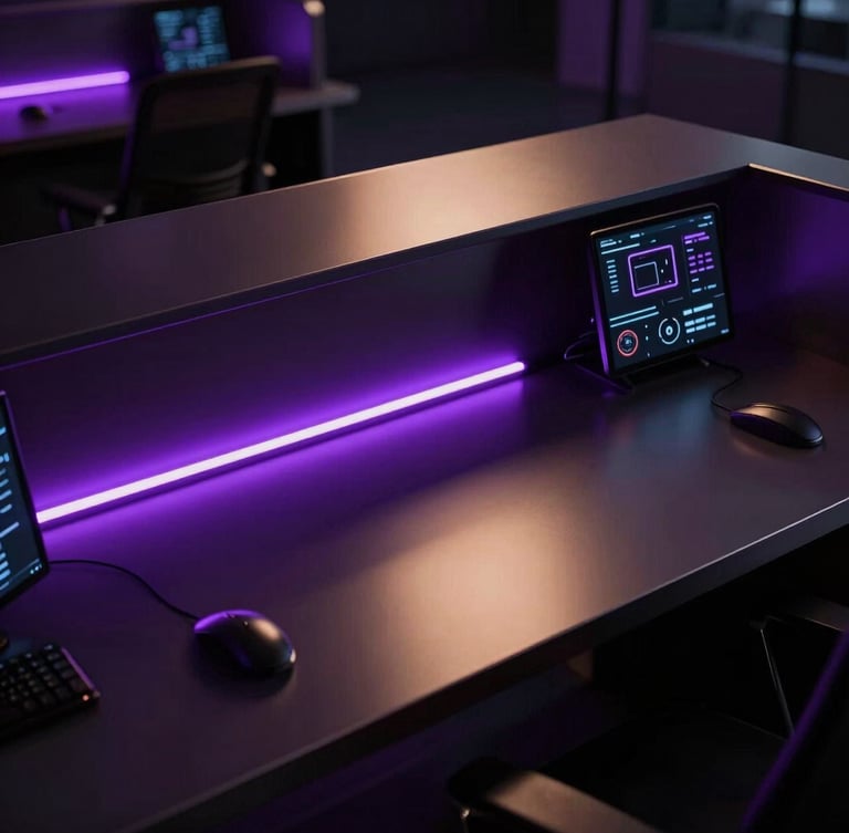Cinematic dark photography of a sleek, ultra-modern agency workstation, glowing purple ambient light reflecting on dark metallic surfaces, clean lines, high contrast, 35mm