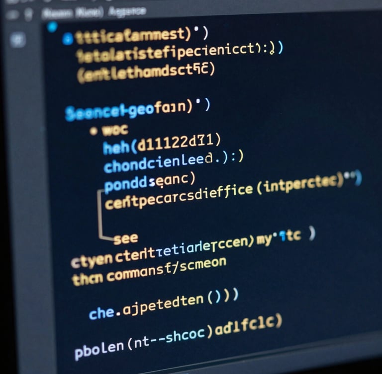 Macro detail shot of clean, glowing code structures on a dark monitor, neon blue and warm gold ambient light, sharp contrast, 35mm